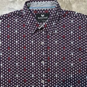 ButterCloth Shirt Mens Large Red Geometric Regular Fit Short Sleeve Button Knit